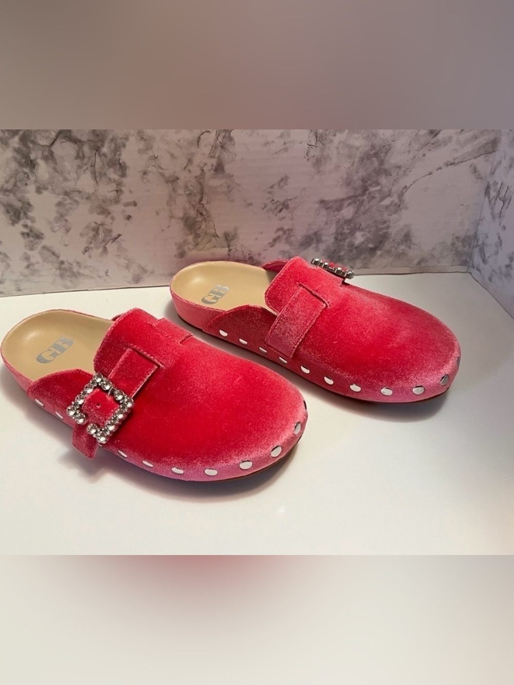 Gianni Bini Pink Velvet Slip-On Mules with Crystal Buckle